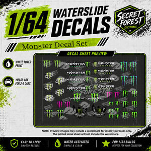 1:64 Scale Monster Energy Livery Waterslide Decal Set — White Toner Printed